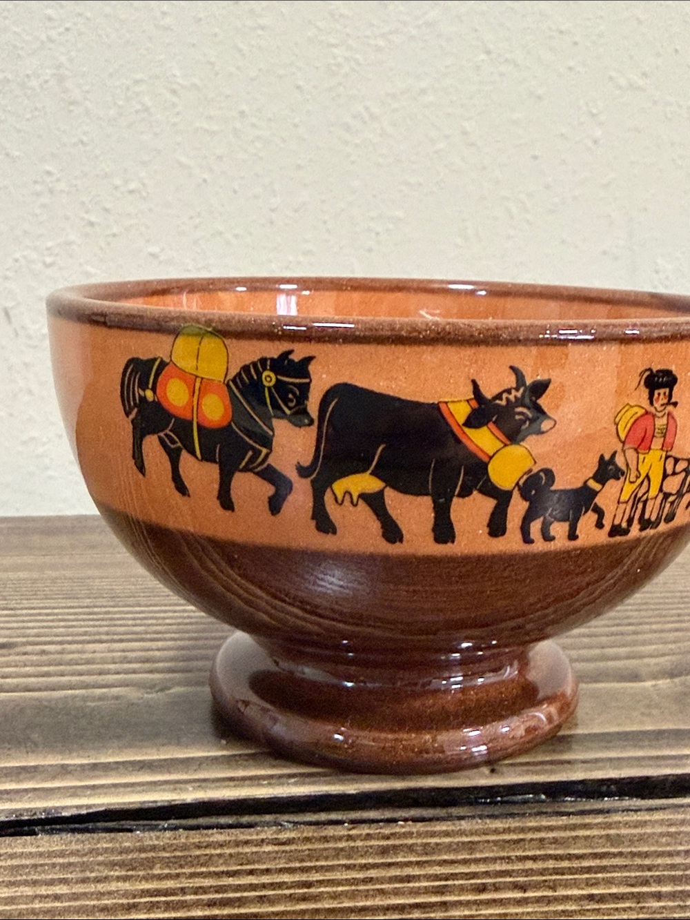 Vintage Mexican Folk Art Style Pottery Bowl Footed Terracotta Donkey Village Sce - Picture 5 of 9